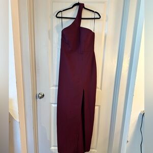 Vesper Maroon One Shoulder Side Slit Formal/ Bridesmaid/Wedding Guest Dress, 12